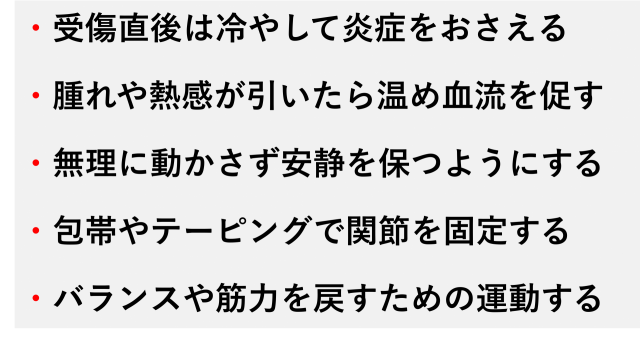 ・受傷直後は冷やして炎症をおさえる  ・腫れや熱感が引いたら温め血流を促す  ・無理に動かさず安静を保つようにする  ・包帯やテーピングで関節を固定する  ・バランスや筋力を戻すための運動する