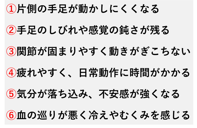 ①片側の手足が動かしにくくなる  ②手足のしびれや感覚の鈍さが残る  ③関節が固まりやすく動きがぎこちない  ④疲れやすく、日常動作に時間がかかる  ⑤気分が落ち込み、不安感が強くなる  ⑥血の巡りが悪く冷えやむくみを感じる