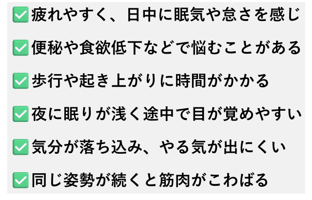 ✅️疲れやすく、日中に眠気や怠さを感じ  ✅️便秘や食欲低下などで悩むことがある  ✅️歩行や起き上がりに時間がかかる  ✅️夜に眠りが浅く途中で目が覚めやすい  ✅️気分が落ち込み、やる気が出にくい  ✅️同じ姿勢が続くと筋肉がこわばる