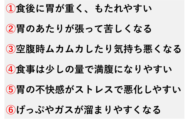 ①食後に胃が重く、もたれやすい  ②胃のあたりが張って苦しくなる  ③空腹時ムカムカしたり気持ち悪くなる  ④食事は少しの量で満腹になりやすい  ⑤胃の不快感がストレスで悪化しやすい  ⑥げっぷやガスが溜まりやすくなる