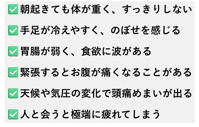 ✅️朝起きても体が重く、すっきりしない  ✅️手足が冷えやすく、のぼせを感じる  ✅️胃腸が弱く、食欲に波がある  ✅️緊張するとお腹が痛くなることがある  ✅️天候や気圧の変化で頭痛めまいが出る  ✅️人と会うと極端に疲れてしまう