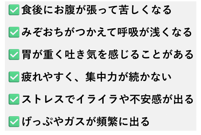 ✅️食後にお腹が張って苦しくなる  ✅️みぞおちがつかえて呼吸が浅くなる  ✅️胃が重く吐き気を感じることがある  ✅️疲れやすく、集中力が続かない  ✅️ストレスでイライラや不安感が出る  ✅️げっぷやガスが頻繁に出る