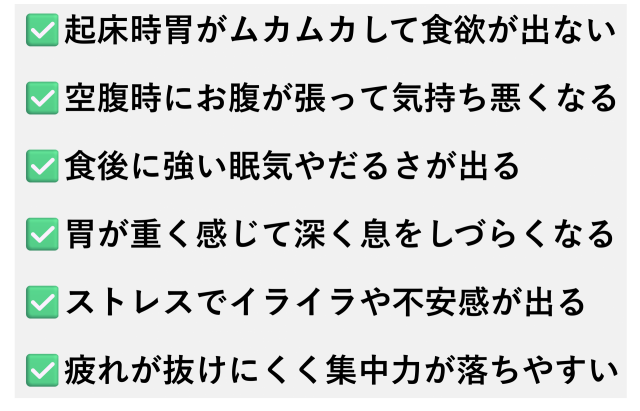 ✅️起床時胃がムカムカして食欲が出ない  ✅️空腹時にお腹が張って気持ち悪くなる  ✅️食後に強い眠気やだるさが出る  ✅️胃が重く感じて深く息をしづらくなる  ✅️ストレスでイライラや不安感が出る  ✅️疲れが抜けにくく集中力が落ちやすい