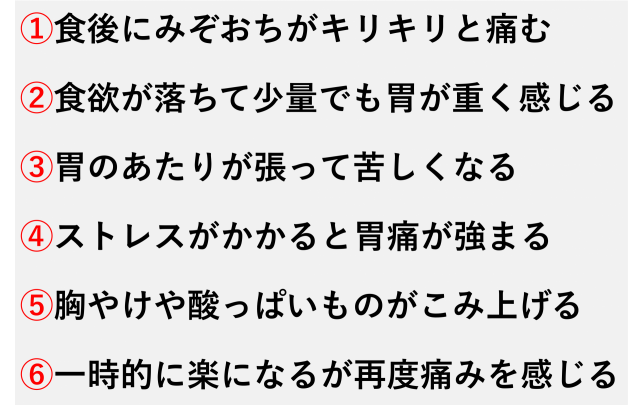 ①食後にみぞおちがキリキリと痛む  ②食欲が落ちて少量でも胃が重く感じる  ③胃のあたりが張って苦しくなる  ④ストレスがかかると胃痛が強まる  ⑤胸やけや酸っぱいものがこみ上げる  ⑥一時的に楽になるが再度痛みを感じる