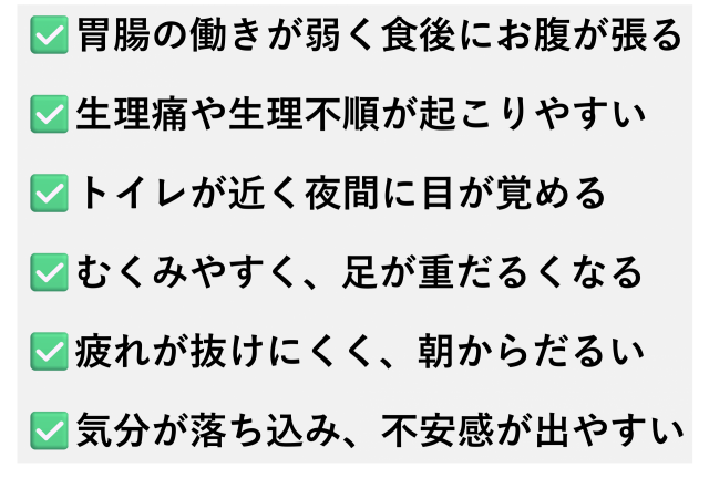 ✅️胃腸の働きが弱く食後にお腹が張る  ✅️生理痛や生理不順が起こりやすい  ✅️トイレが近く夜間に目が覚める  ✅️むくみやすく、足が重だるくなる  ✅️疲れが抜けにくく、朝からだるい  ✅️気分が落ち込み、不安感が出やすい