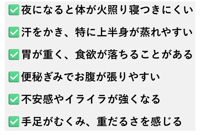 ✅️夜になると体が火照り寝つきにくい  ✅️汗をかき、特に上半身が蒸れやすい  ✅️胃が重く、食欲が落ちることがある  ✅️便秘ぎみでお腹が張りやすい  ✅️不安感やイライラが強くなる  ✅️手足がむくみ、重だるさを感じる