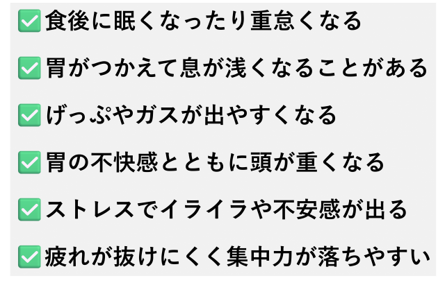 ✅️食後に眠くなったり重怠くなる  ✅️胃がつかえて息が浅くなることがある  ✅️げっぷやガスが出やすくなる  ✅️胃の不快感とともに頭が重くなる  ✅️ストレスでイライラや不安感が出る  ✅️疲れが抜けにくく集中力が落ちやすい