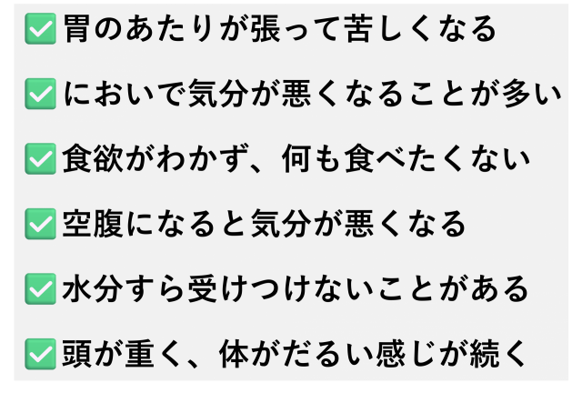 ✅️胃のあたりが張って苦しくなる  ✅️においで気分が悪くなることが多い  ✅️食欲がわかず、何も食べたくない  ✅️空腹になると気分が悪くなる  ✅️水分すら受けつけないことがある  ✅️頭が重く、体がだるい感じが続く