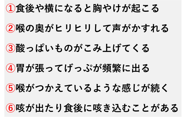 ①食後や横になると胸やけが起こる  ②喉の奥がヒリヒリして声がかすれる  ③酸っぱいものがこみ上げてくる  ④胃が張ってげっぷが頻繁に出る  ⑤喉がつかえているような感じが続く  ⑥咳が出たり食後に咳き込むことがある