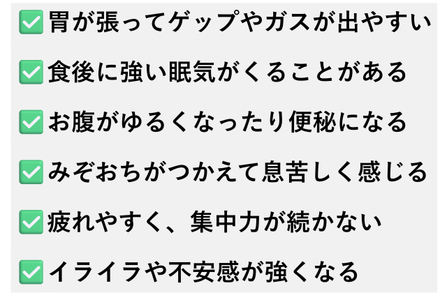 ✅️胃が張ってゲップやガスが出やすい  ✅️食後に強い眠気がくることがある  ✅️お腹がゆるくなったり便秘になる  ✅️みぞおちがつかえて息苦しく感じる  ✅️疲れやすく、集中力が続かない  ✅️イライラや不安感が強くなる