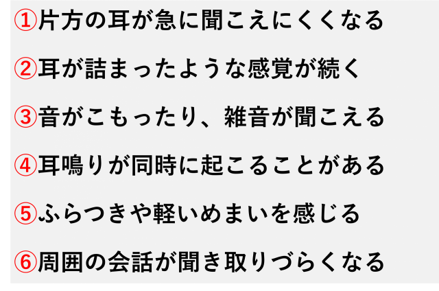 ①片方の耳が急に聞こえにくくなる  ②耳が詰まったような感覚が続く  ③音がこもったり、雑音が聞こえる  ④耳鳴りが同時に起こることがある  ⑤ふらつきや軽いめまいを感じる  ⑥周囲の会話が聞き取りづらくなる