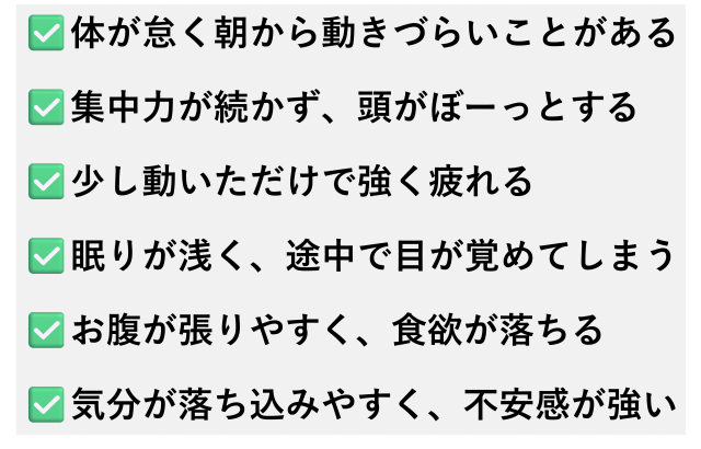 ✅️体が怠く朝から動きづらいことがある  ✅️集中力が続かず、頭がぼーっとする  ✅️少し動いただけで強く疲れる  ✅️眠りが浅く、途中で目が覚めてしまう  ✅️お腹が張りやすく、食欲が落ちる  ✅️気分が落ち込みやすく、不安感が強い