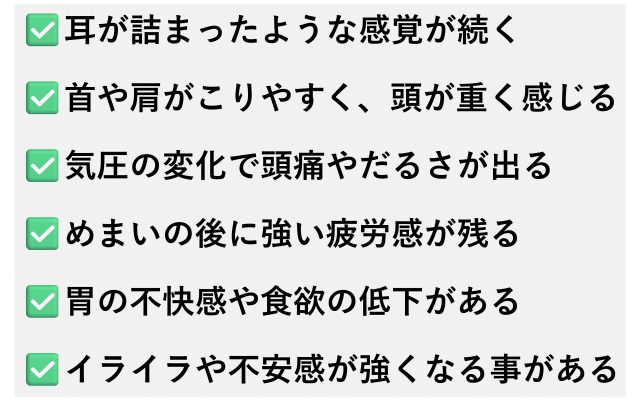 ✅️耳が詰まったような感覚が続く  ✅️首や肩がこりやすく、頭が重く感じる  ✅️気圧の変化で頭痛やだるさが出る  ✅️めまいの後に強い疲労感が残る  ✅️胃の不快感や食欲の低下がある  ✅️イライラや不安感が強くなる事がある