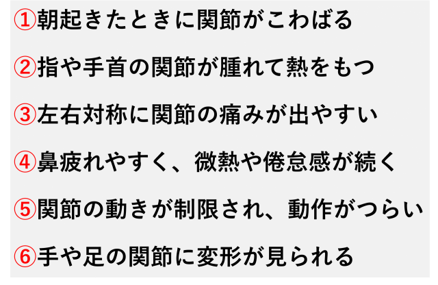 ①朝起きたときに関節がこわばる  ②指や手首の関節が腫れて熱をもつ  ③左右対称に関節の痛みが出やすい  ④鼻疲れやすく、微熱や倦怠感が続く  ⑤関節の動きが制限され、動作がつらい  ⑥手や足の関節に変形が見られる