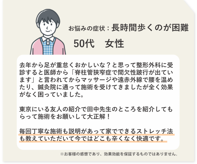 お悩みの症状：長時間歩くのが困難　50代　女性