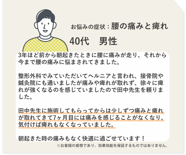 お悩みの症状：原因不明の腰痛　40代　男性