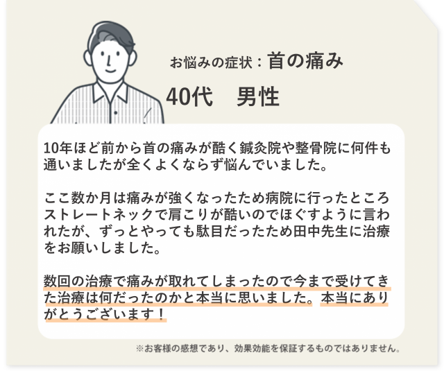 お悩みの症状：首の痛み　40代　男性