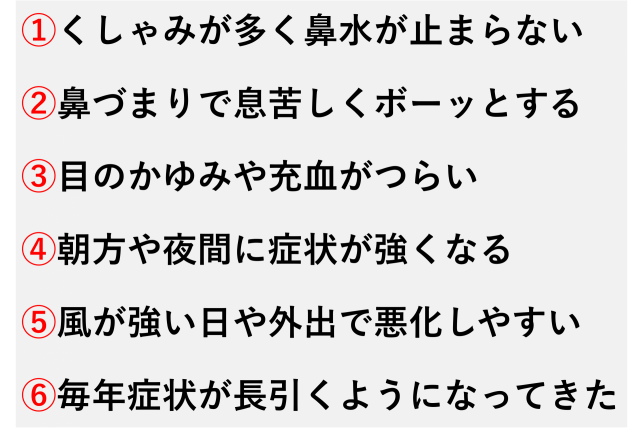 ①くしゃみが多く鼻水が止まらない  ②鼻づまりで息苦しくボーッとする  ③目のかゆみや充血がつらい  ④朝方や夜間に症状が強くなる  ⑤風が強い日や外出で悪化しやすい  ⑥毎年症状が長引くようになってきた