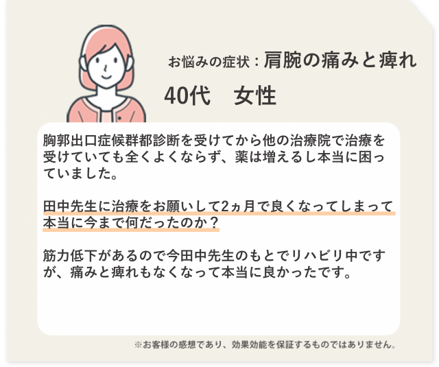 お悩みの症状：肩腕の痛みと痺れ　40代　女性