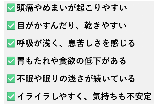 頭痛やめまいが起こりやすい  目がかすんだり、乾きやすい  呼吸が浅く、息苦しさを感じる  胃もたれや食欲の低下がある  不眠や眠りの浅さが続いている  気分が沈みやすく、イライラしやすい