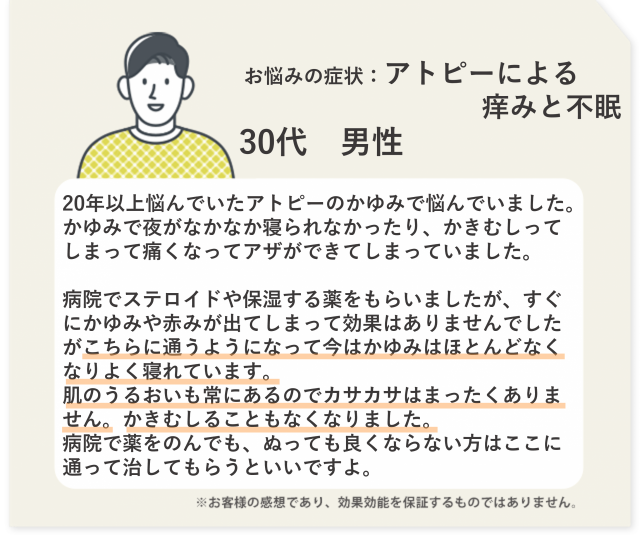 お悩みの症状：アトピーによる 痒みと不眠　30代　男性