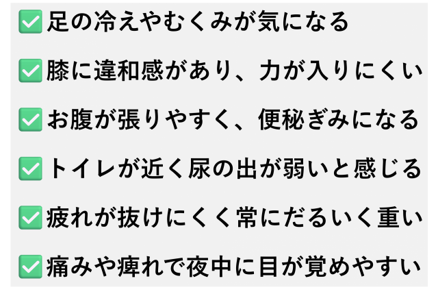 ✅️足の冷えやむくみが気になる  ✅️膝に違和感があり、力が入りにくい  ✅️お腹が張りやすく、便秘ぎみになる  ✅️トイレが近く尿の出が弱いと感じる  ✅️疲れが抜けにくく常にだるいく重い  ✅️痛みや痺れで夜中に目が覚めやすい