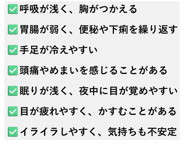 ✅️呼吸が浅く、胸がつかえる  ✅️胃腸が弱く、便秘や下痢を繰り返す  ✅️手足が冷えやすい  ✅️頭痛やめまいを感じることがある  ✅️眠りが浅く、夜中に目が覚めやすい  ✅️目が疲れやすく、かすむことがある  ✅️イライラしやすく、気持ちも不安定