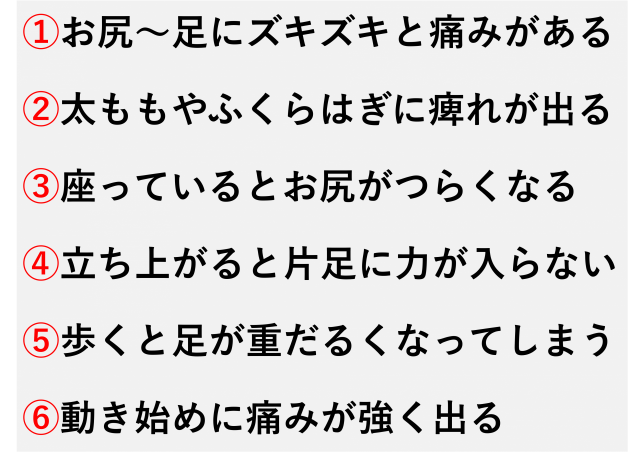 ①お尻～足にズキズキと痛みがある  ②太ももやふくらはぎに痺れが出る  ③座っているとお尻がつらくなる  ④立ち上がると片足に力が入らない  ⑤歩くと足が重だるくなってしまう  ⑥動き始めに痛みが強く出る