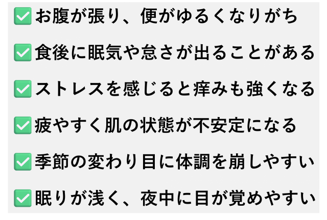 ✅️お腹が張り、便がゆるくなりがち  ✅️食後に眠気や怠さが出ることがある  ✅️ストレスを感じると痒みも強くなる  ✅️疲やすく肌の状態が不安定になる  ✅️季節の変わり目に体調を崩しやすい  ✅️眠りが浅く、夜中に目が覚めやすい