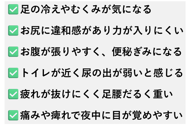 ✅️足の冷えやむくみが気になる  ✅️お尻に違和感があり力が入りにくい  ✅️お腹が張りやすく、便秘ぎみになる  ✅️トイレが近く尿の出が弱いと感じる  ✅️疲れが抜けにくく足腰だるく重い  ✅️痛みや痺れで夜中に目が覚めやすい