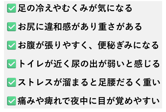 ✅️足の冷えやむくみが気になる  ✅️お尻に違和感があり重さがある  ✅️お腹が張りやすく、便秘ぎみになる  ✅️トイレが近く尿の出が弱いと感じる  ✅️ストレスが溜まると足腰だるく重い  ✅️痛みや痺れで夜中に目が覚めやすい