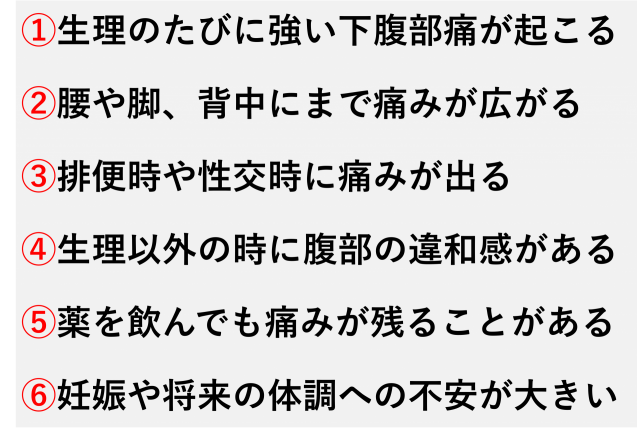 ①生理のたびに強い下腹部痛が起こる  ②腰や脚、背中にまで痛みが広がる  ③排便時や性交時に痛みが出る  ④生理以外の時に腹部の違和感がある  ⑤薬を飲んでも痛みが残ることがある  ⑥妊娠や将来の体調への不安が大きい