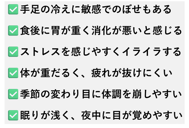 ✅️手足の冷えに敏感でのぼせもある  ✅️食後に胃が重く消化が悪いと感じる  ✅️ストレスを感じやすくイライラする  ✅️体が重だるく、疲れが抜けにくい  ✅️季節の変わり目に体調を崩しやすい  ✅️眠りが浅く、夜中に目が覚めやすい