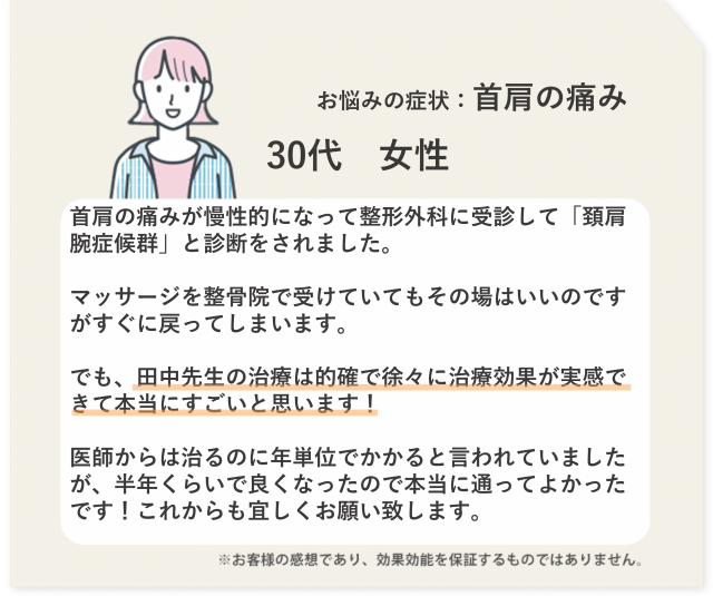 お悩みの症状：首肩の痛み　30代　女性