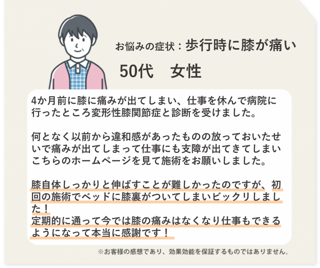 お悩みの症状：歩行時に膝が痛い　50代　女性