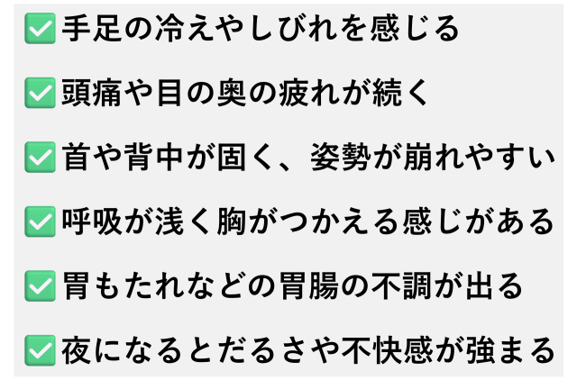 手足の冷えやしびれを感じる  頭痛や目の奥の疲れが続く  首や背中がこわばり、姿勢が崩れやすい  呼吸が浅く、胸がつかえる感じがある  胃もたれや食欲不振などの胃腸の不調が出る  夜になるとだるさや不快感が強まる