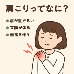 肩こりってなに？というタイトルと、肩が重だるい・首筋が張る・頭痛を伴うと説明した肩こりのイラスト画像