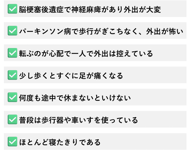 脳梗塞後遺症で神経麻痺があり外出が大変 パーキンソン病で歩行がぎこちなく、外出が怖い 転ぶのが心配で一人で外出は控えている 少し歩くとすぐに足が痛くなる 何度も途中で休まないといけない 普段は歩行器や車いすを使っている ほとんど寝たきりである